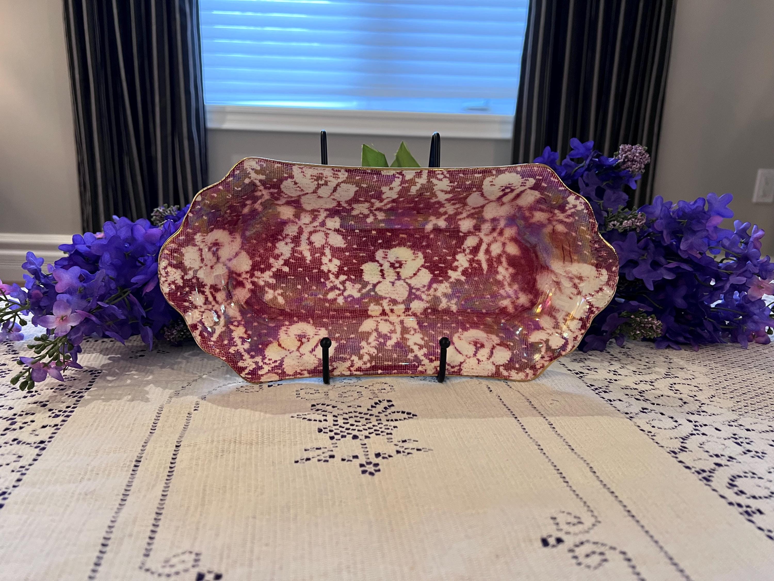 Vintage Royal Winton Maroon Lace Chintz Tray | Iridescent Lusterware Dish Made England