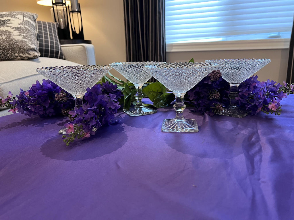 Set of 4 Vintage Diamond Point Glass Champagne Coupes – Square Pedestal Base Sherbet Dishes