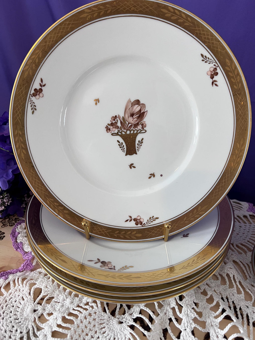 Vintage Royal Copenhagen Porcelain Plates | Set of 8 | Gilded Flower Basket