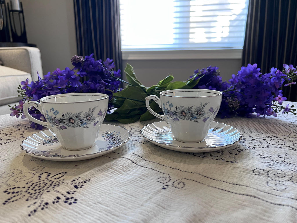 Vintage J&G Meakin Teacup and Saucer Set – Blue Floral English Ironstone (Set of 2)