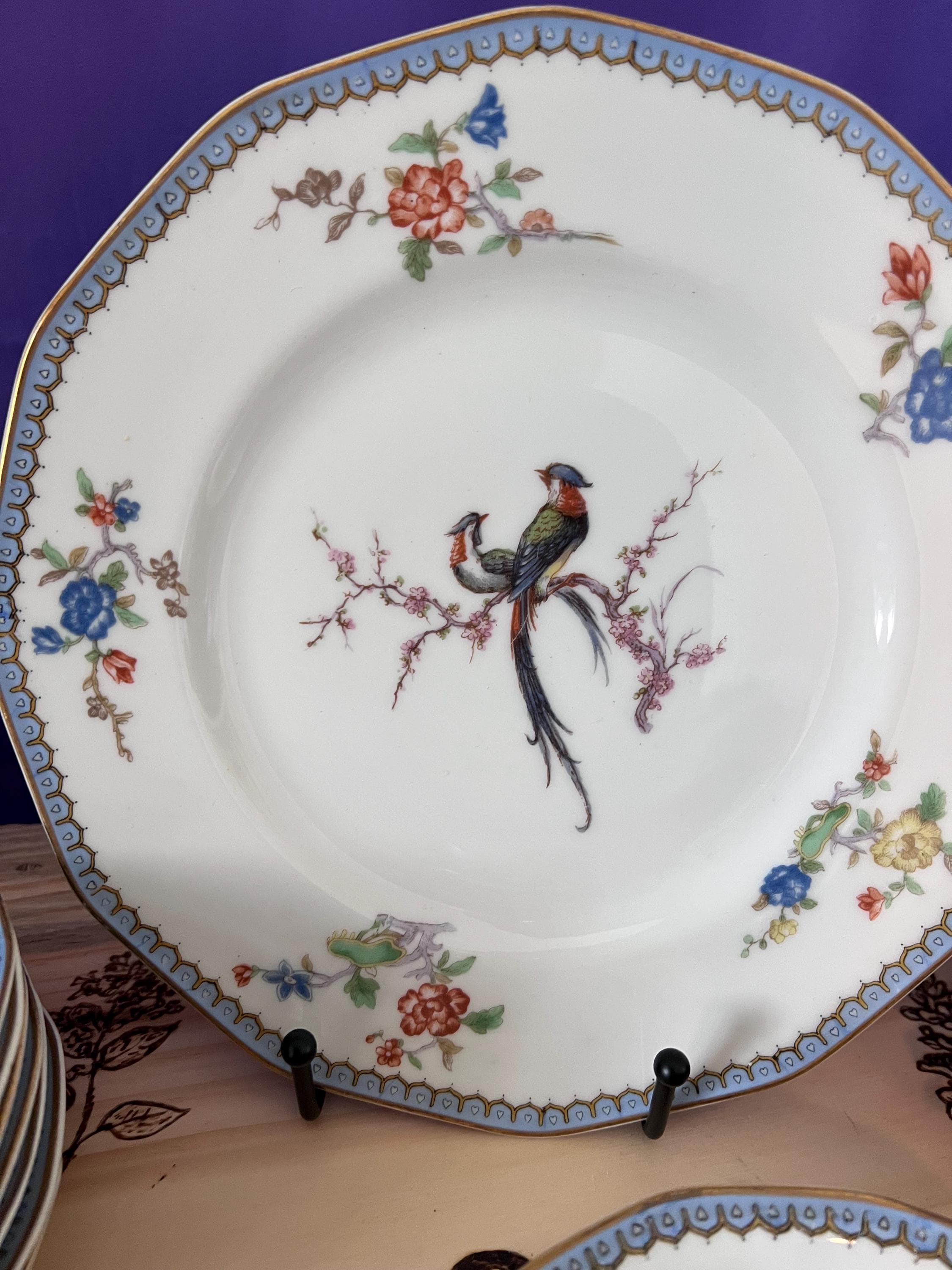 Theodore Haviland Limoges Paradise Replacement China, Bird of Paradise Salad & Dinner Plate, Blue Gold Scalloped Saucer, Fruit Nappy Bowl