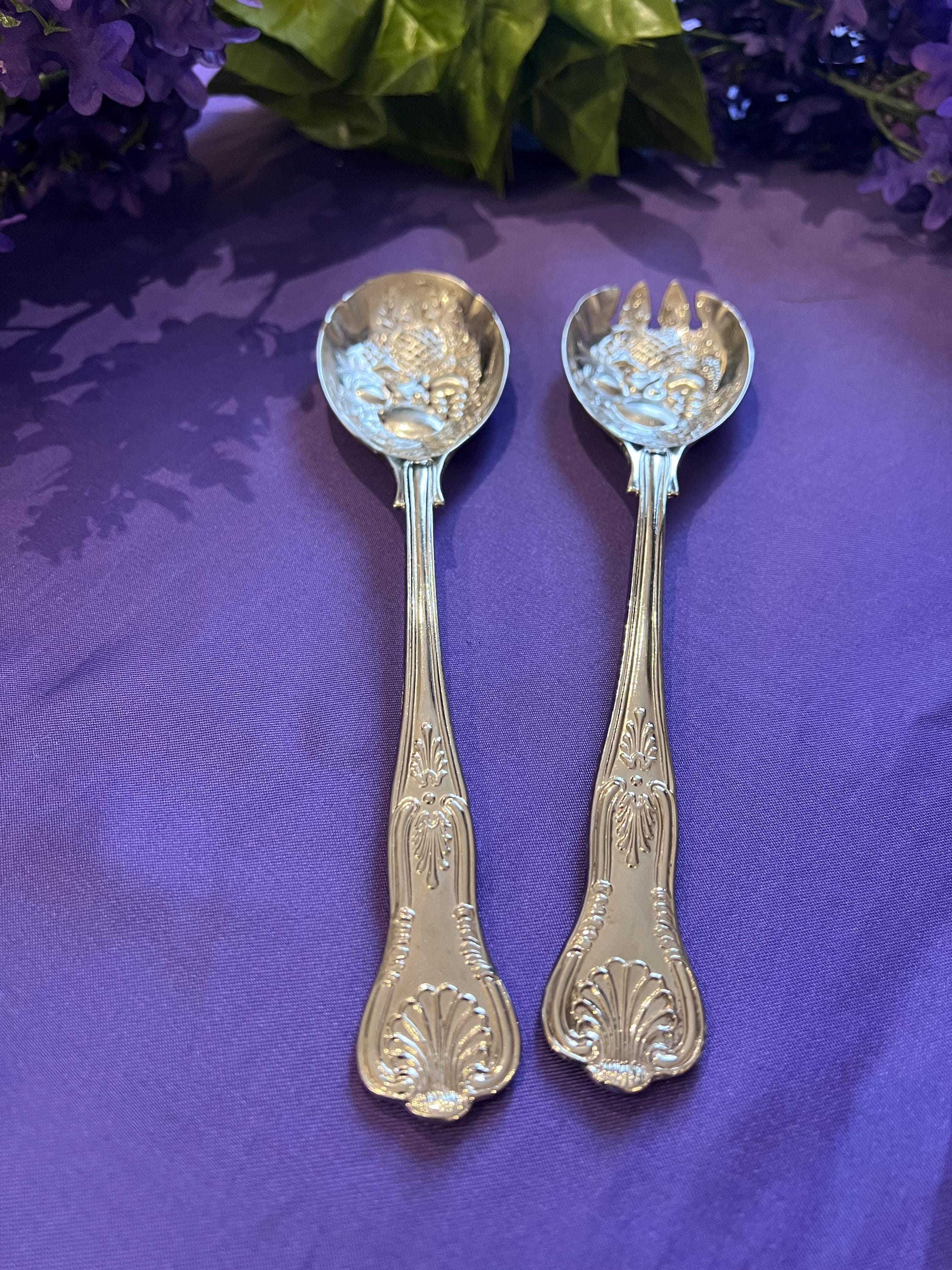 Italian 800 Silver Salad Serving Set & Matching silver plate Knives | Vintage Repoussé Pineapple Fruit Motif