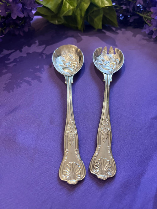 Italian 800 Silver Salad Serving Set & Matching silver plate Knives | Vintage Repoussé Pineapple Fruit Motif