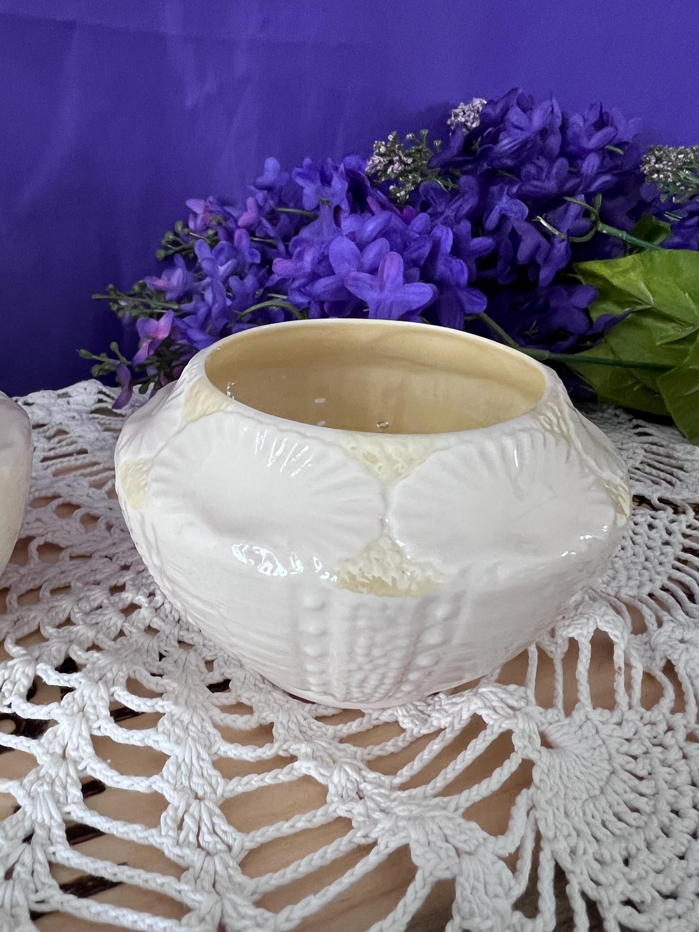 Vintage Belleek Ireland Tridacna Creamer and Sugar Set - 6th Green Mark 1965-1980 - Irish Parian China Shell Pattern - Yellow Lustre Trim