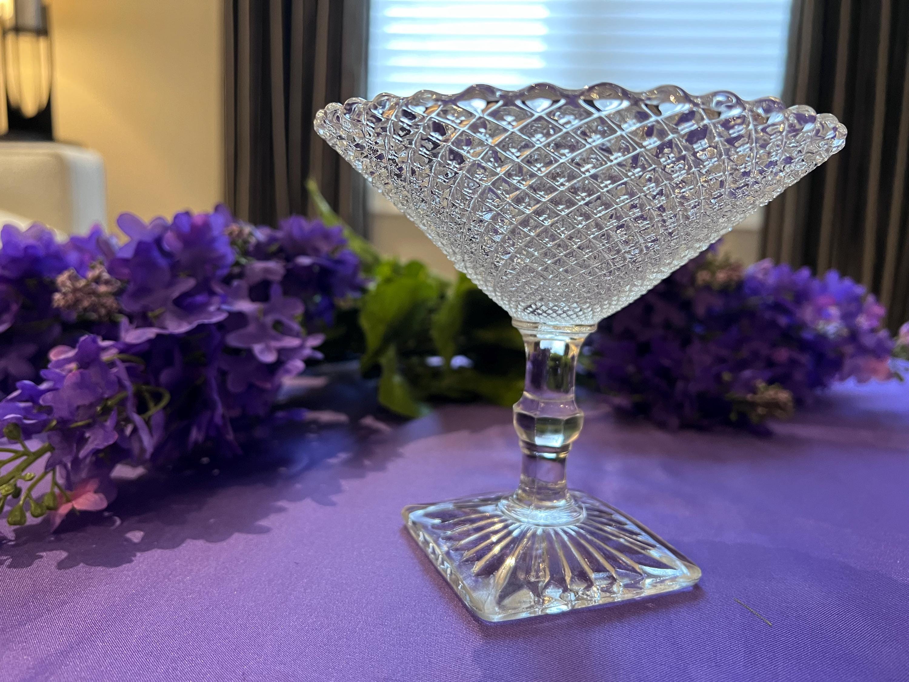 Set of 4 Vintage Diamond Point Glass Champagne Coupes – Square Pedestal Base Sherbet Dishes