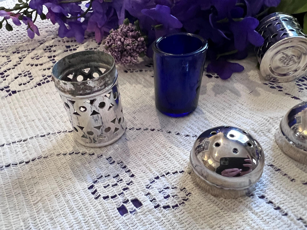 Vintage Cobalt Blue & Silver-Plated Salt Shakers – Set of 4