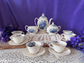 Vintage Mason’s "Ascot on Oak" Blue Transferware Tea Set - Teapot, Creamer, Sugar Bowl, and 6 Cup/Saucer Sets - Made in England