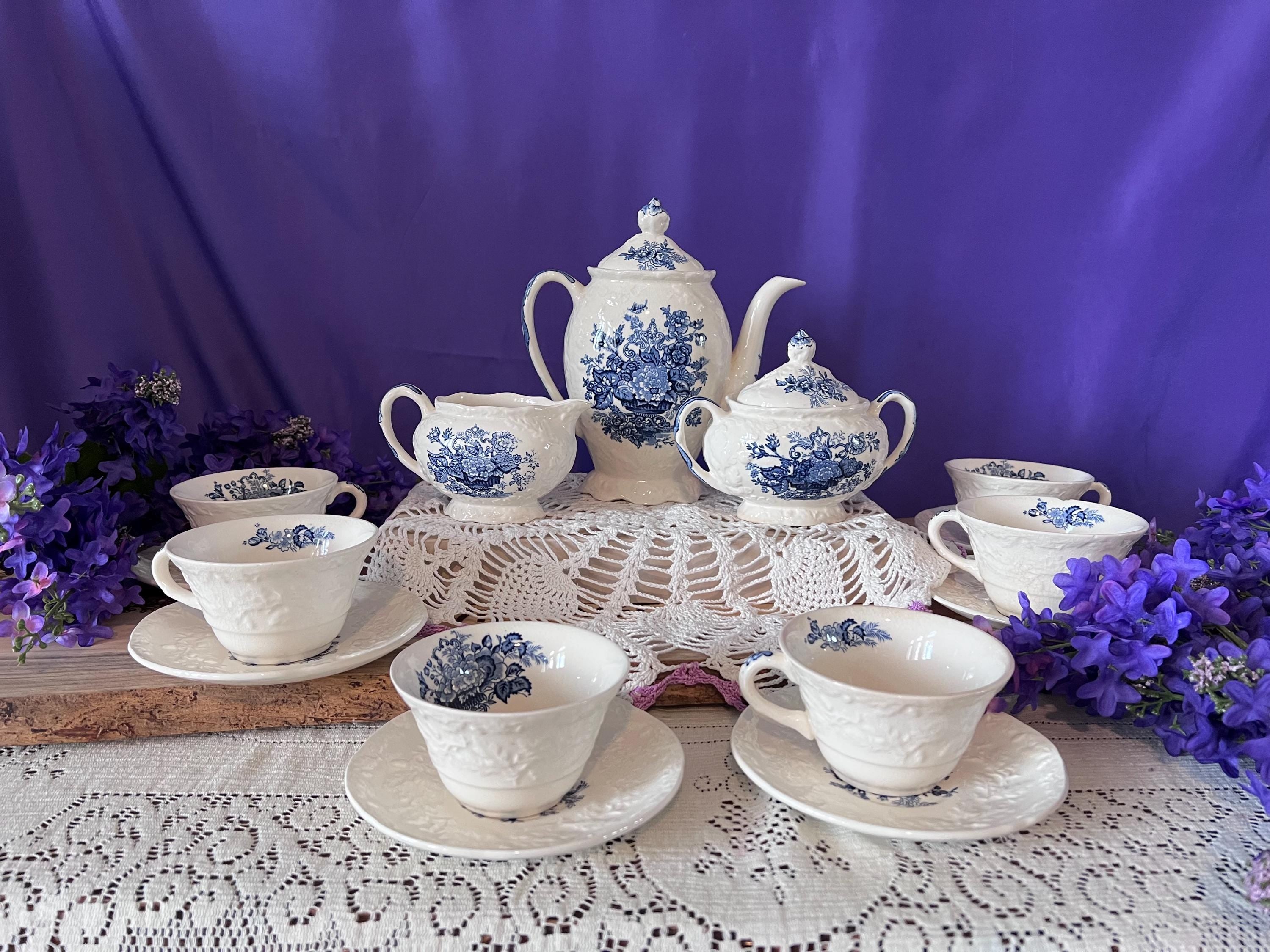 Vintage Mason’s "Ascot on Oak" Blue Transferware Tea Set - Teapot, Creamer, Sugar Bowl, and 6 Cup/Saucer Sets - Made in England