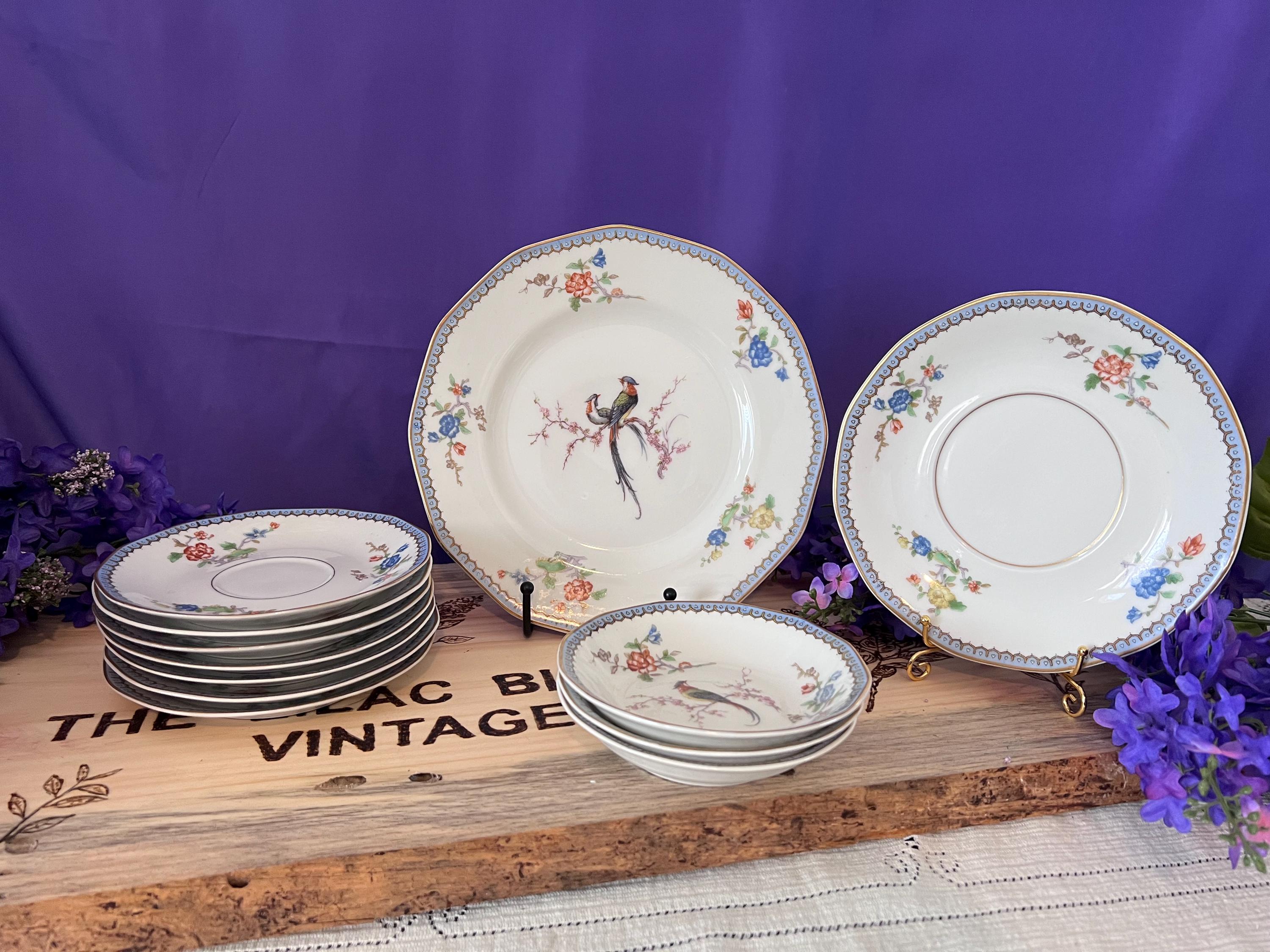 Theodore Haviland Limoges Paradise Replacement China, Bird of Paradise Salad & Dinner Plate, Blue Gold Scalloped Saucer, Fruit Nappy Bowl