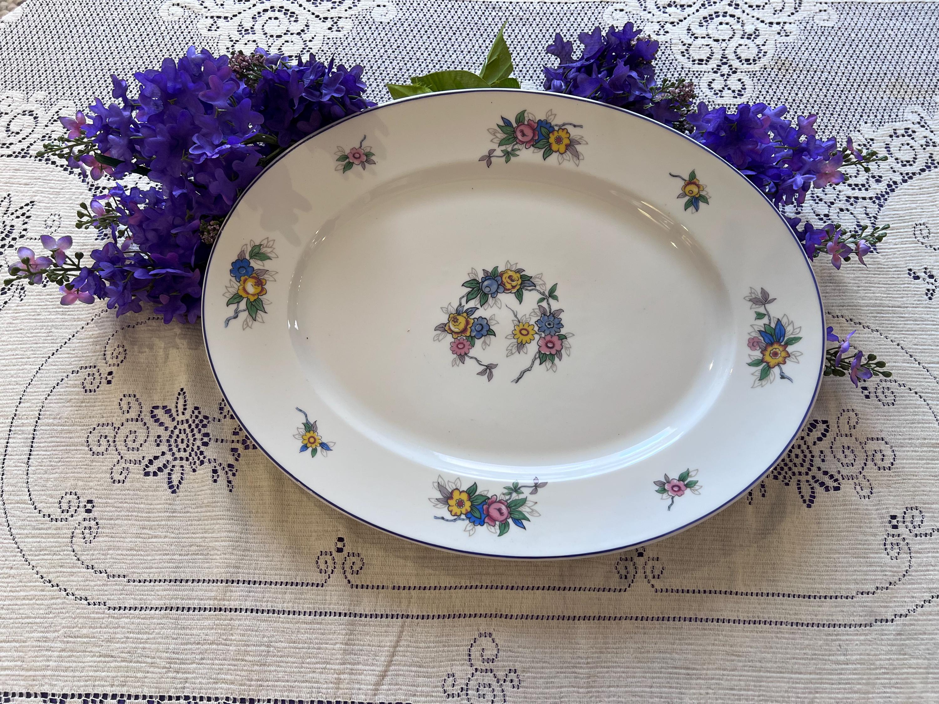 Antique Bernardaud Limoges Oval Platter - B Co France - Floral Wreath & Blue Rim  C. 1900