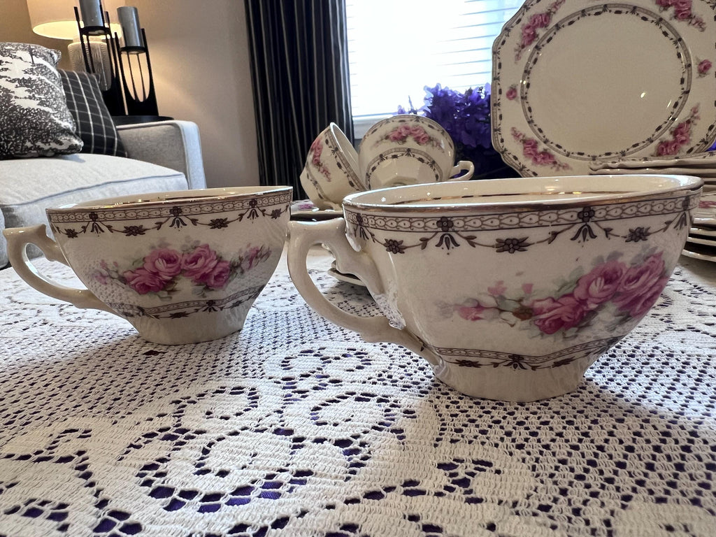 Thomas Hughes Coronation Rose China Set – Pink Roses, Gold Trim, English Ironstone (1930s)