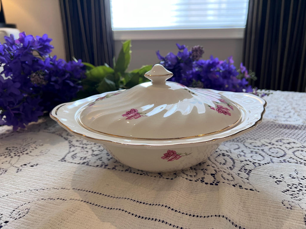 Antique Johnson Bros Old Chelsea Serving Set – Pink Rosebud Tureen, Platter, Gravy Boat