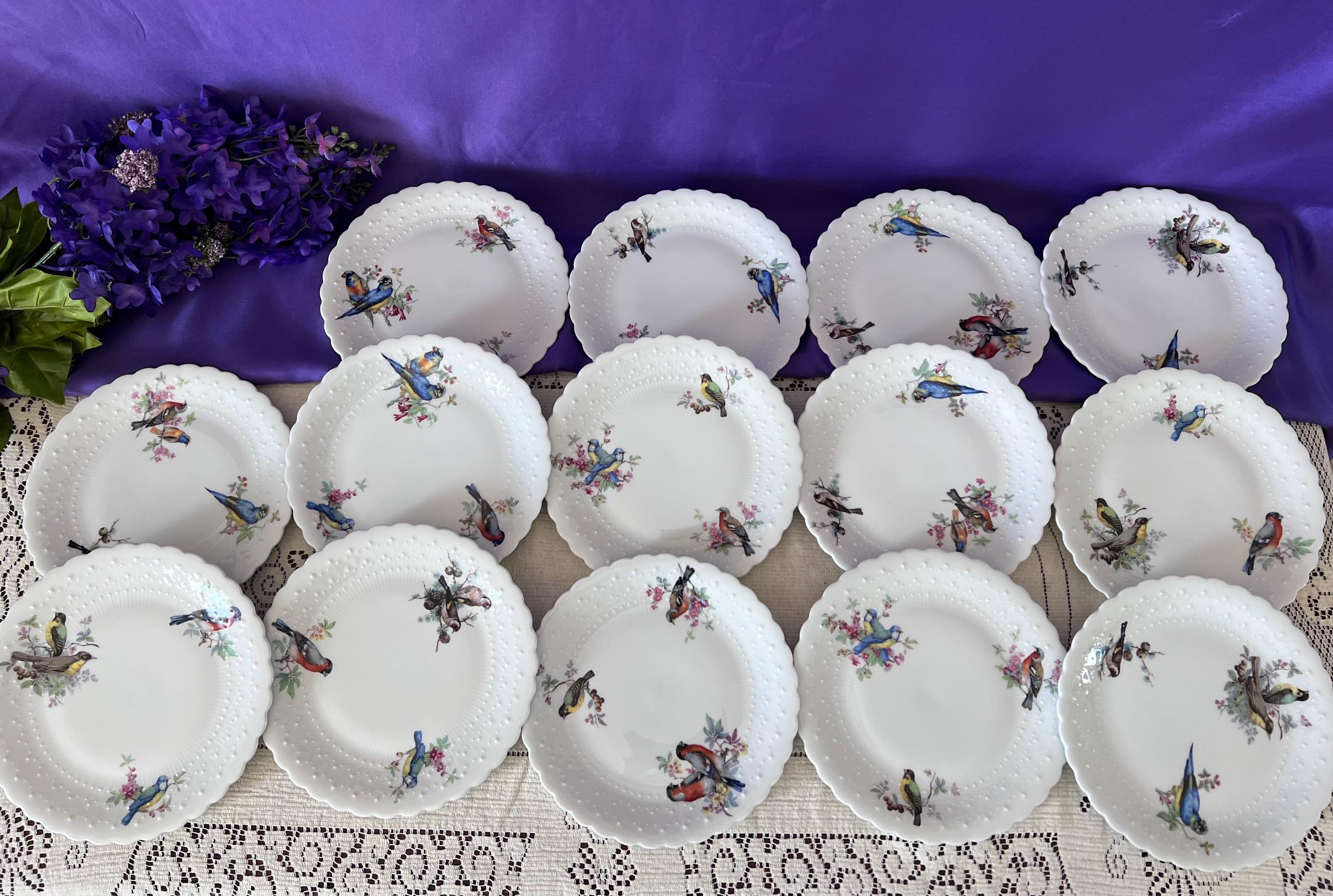 Set of 14 Georges Boyer Limoges Bird Plates | French Porcelaine Dure Dessert Set