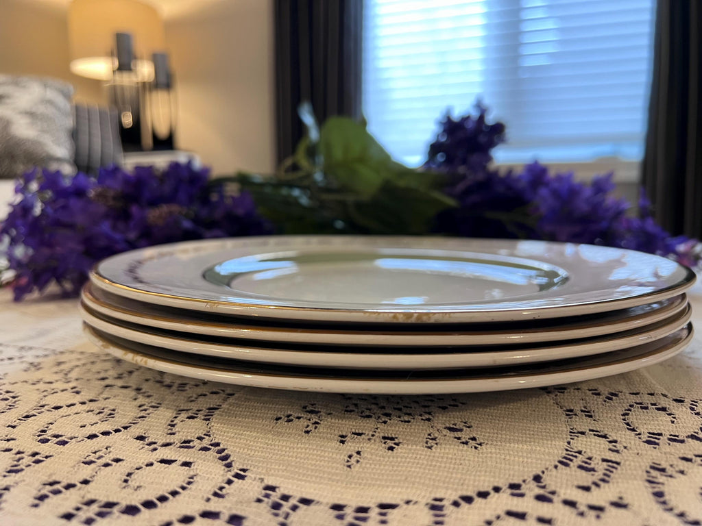 Set of 4 Vintage Simpsons Dinner Plates – Sage Green, Gold Fern Trim, English Ironstone