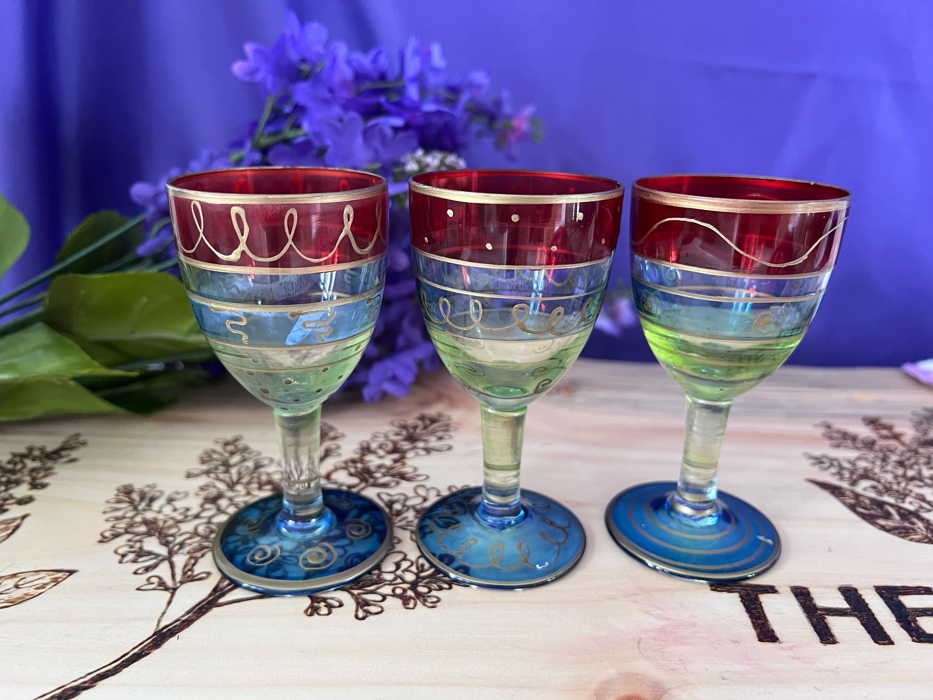 Vintage Hand-Painted Cordial Glasses - Set of 3 - Bold Primary Bands & Gold Scrollwork