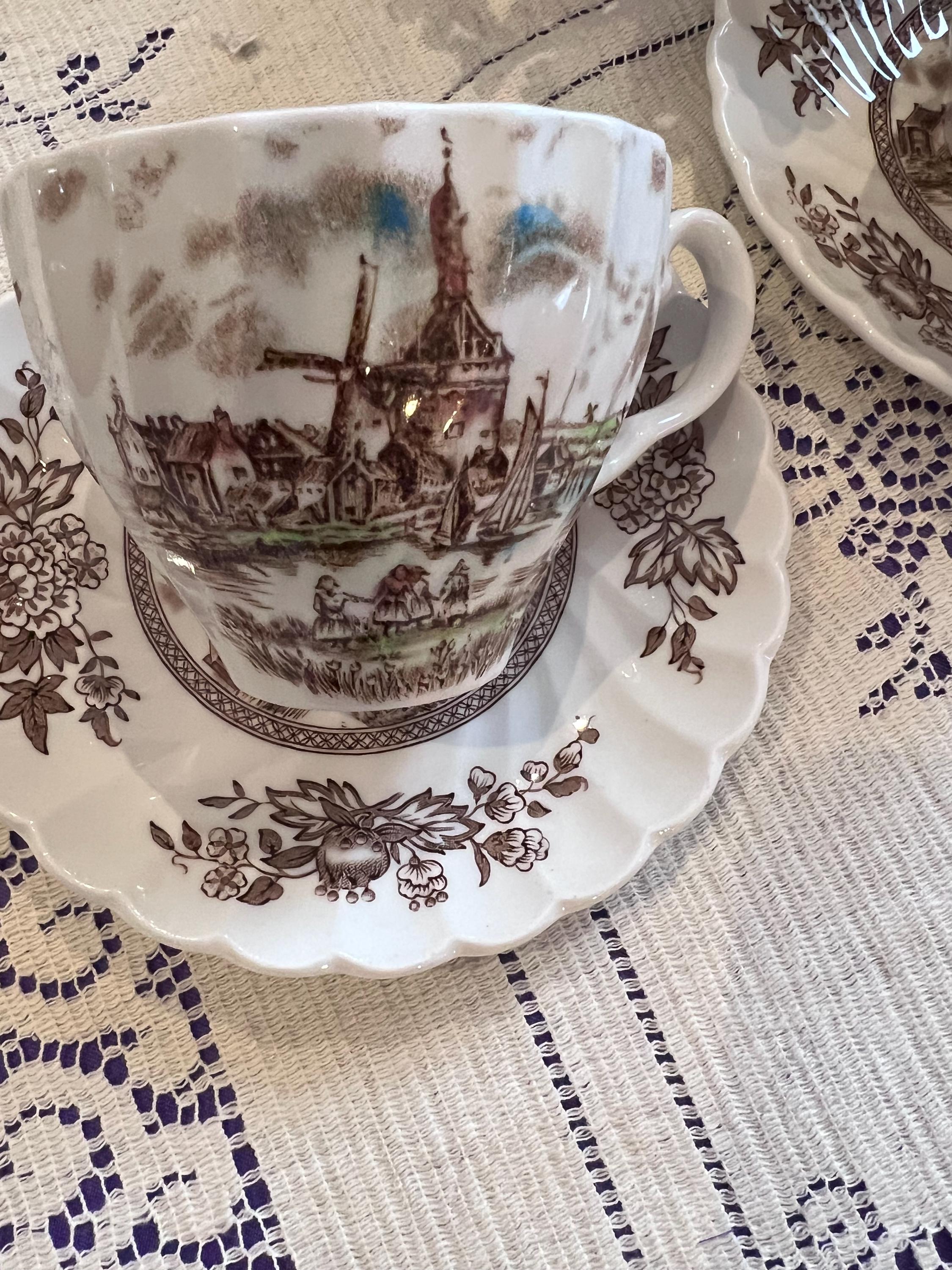 Johnson Brothers Tulip Time Breakfast Set | Brown Transferware Mugs, Saucers, Bowls