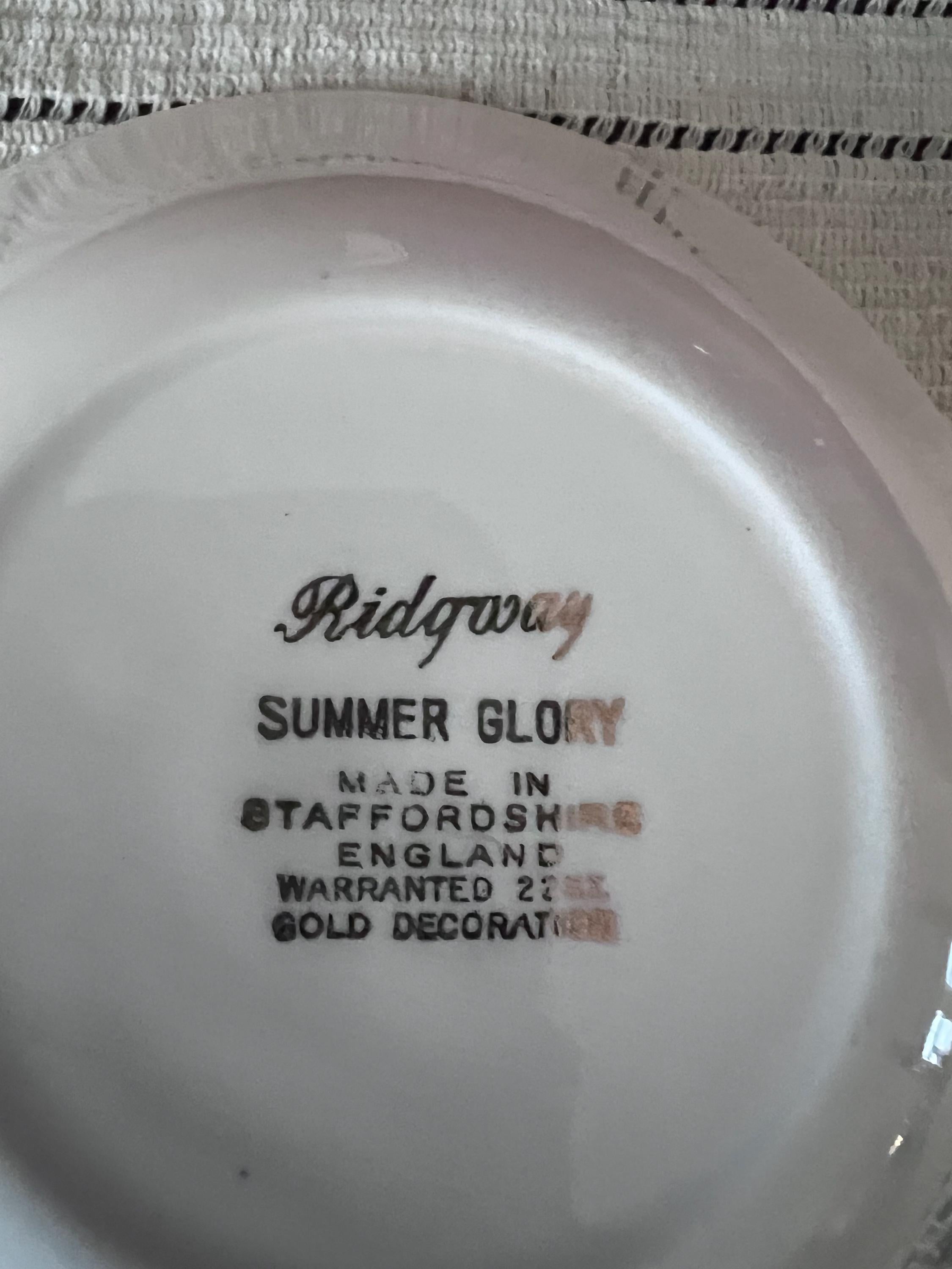Vintage Ridgway Summer Glory Ironstone Set – Pink Cabbage Rose & Bluebells – Made in Staffordshire England – 22kt Gold Trim