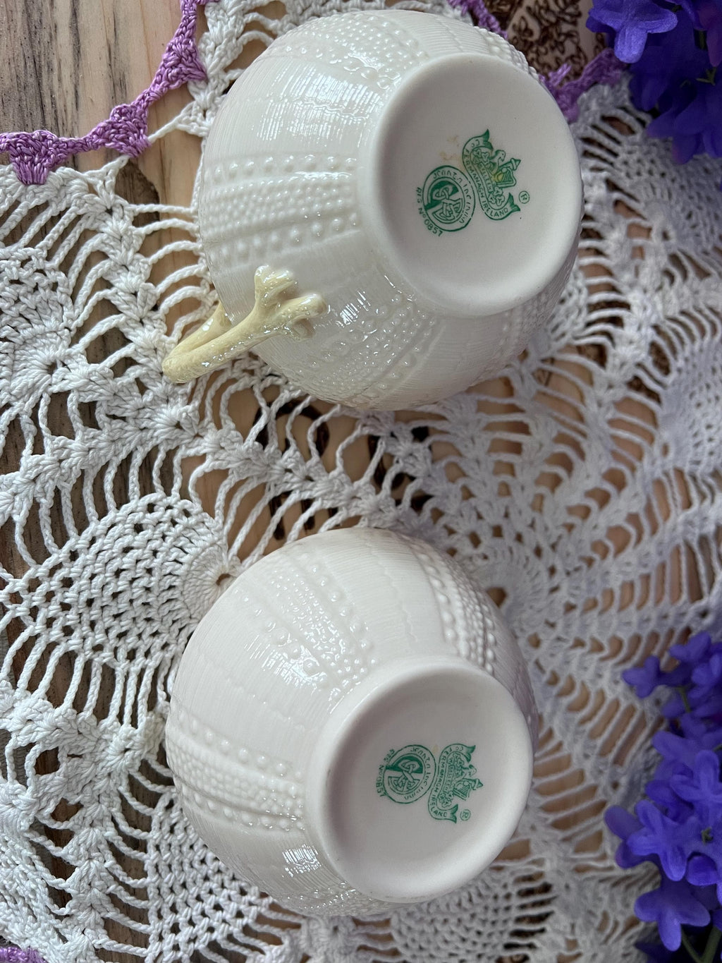 Vintage Belleek Ireland Tridacna Creamer and Sugar Set - 6th Green Mark 1965-1980 - Irish Parian China Shell Pattern - Yellow Lustre Trim