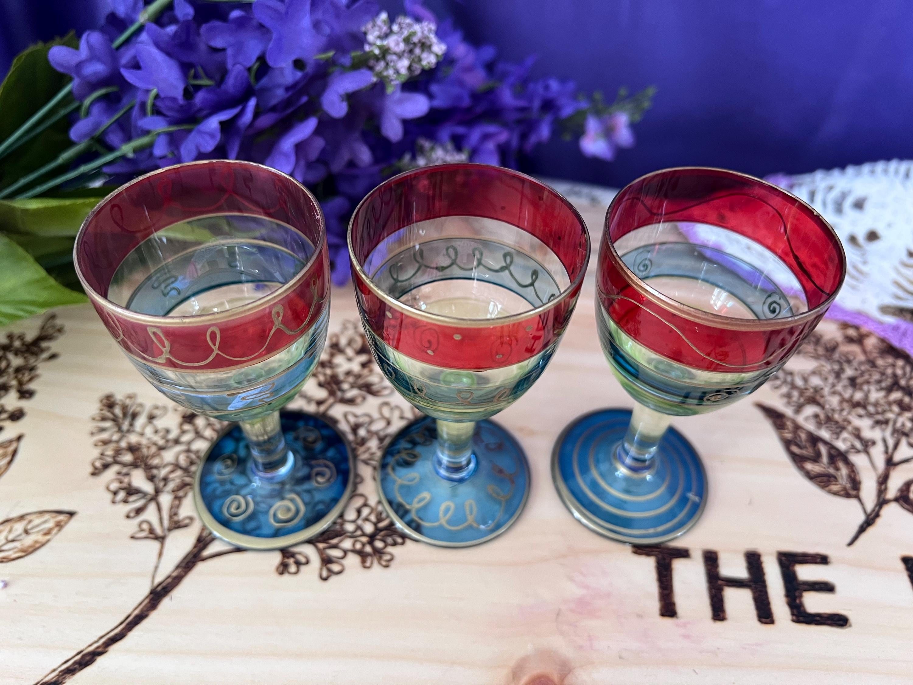 Vintage Hand-Painted Cordial Glasses - Set of 3 - Bold Primary Bands & Gold Scrollwork