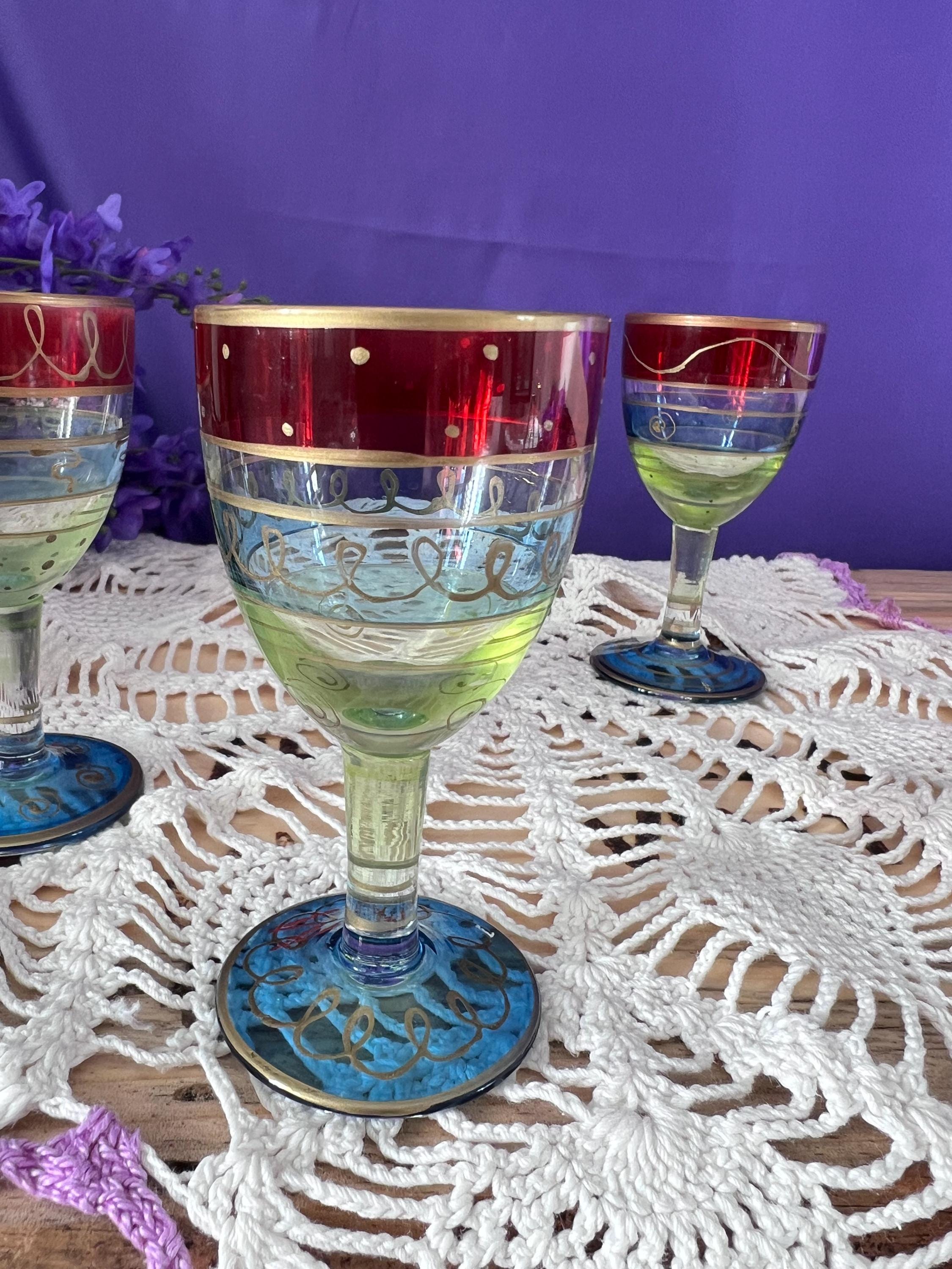 Vintage Hand-Painted Cordial Glasses - Set of 3 - Bold Primary Bands & Gold Scrollwork