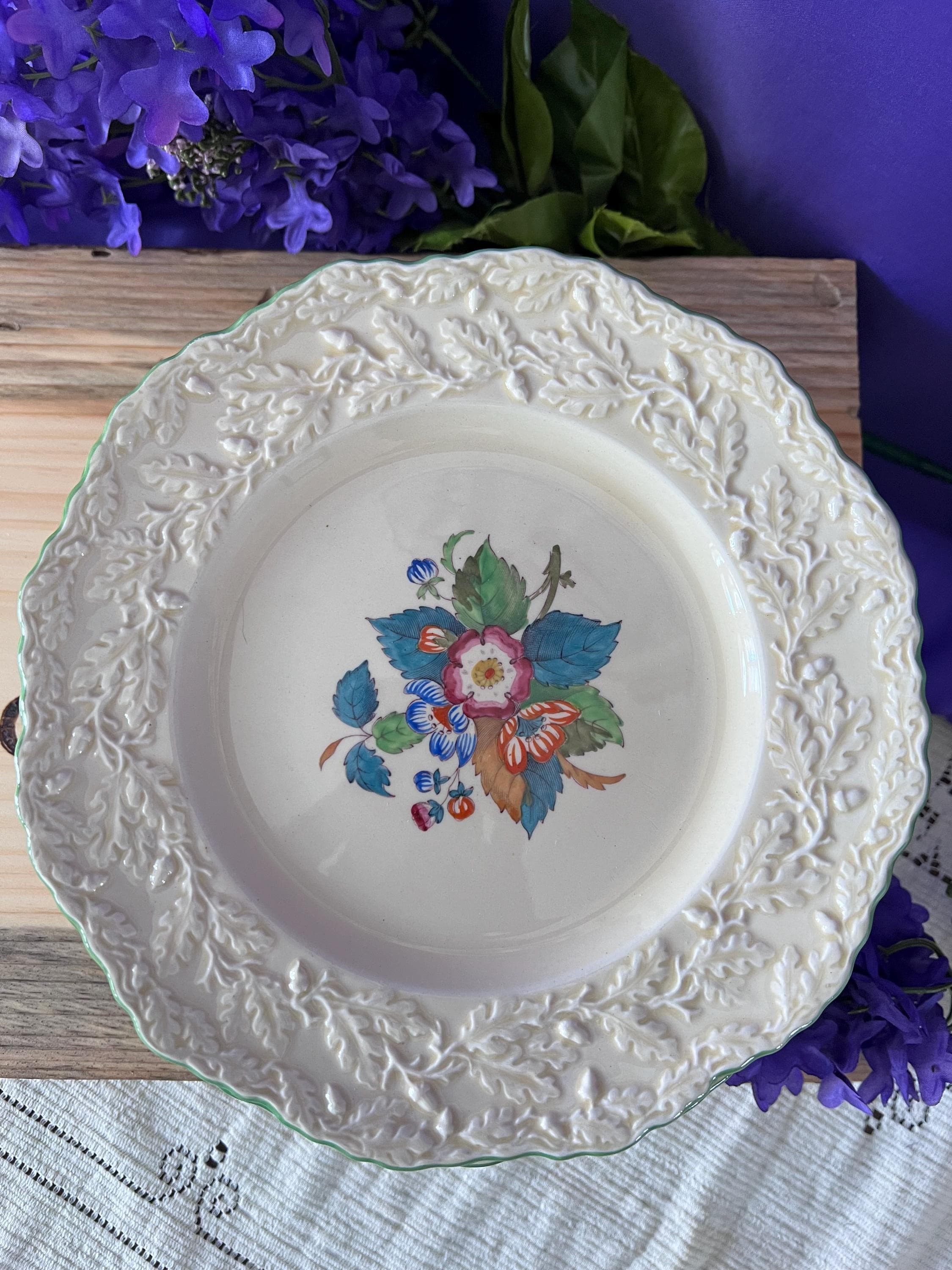 Set of 12 Mason’s Patent Ironstone Lunch Plates - Fruit Basket C2691 - Embossed Oak Leaf Border - English Vintage China