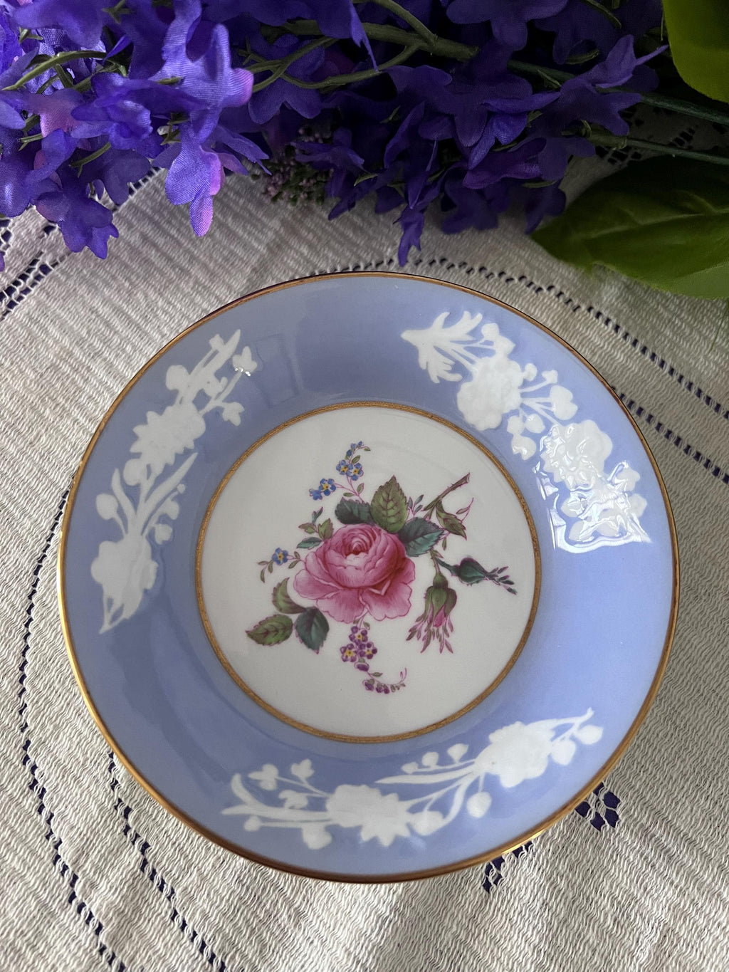 Pristine Spode Copeland "Maritime Rose" Dessert Service | Rare Periwinkle & Jewel-Embossed Fine Bone China