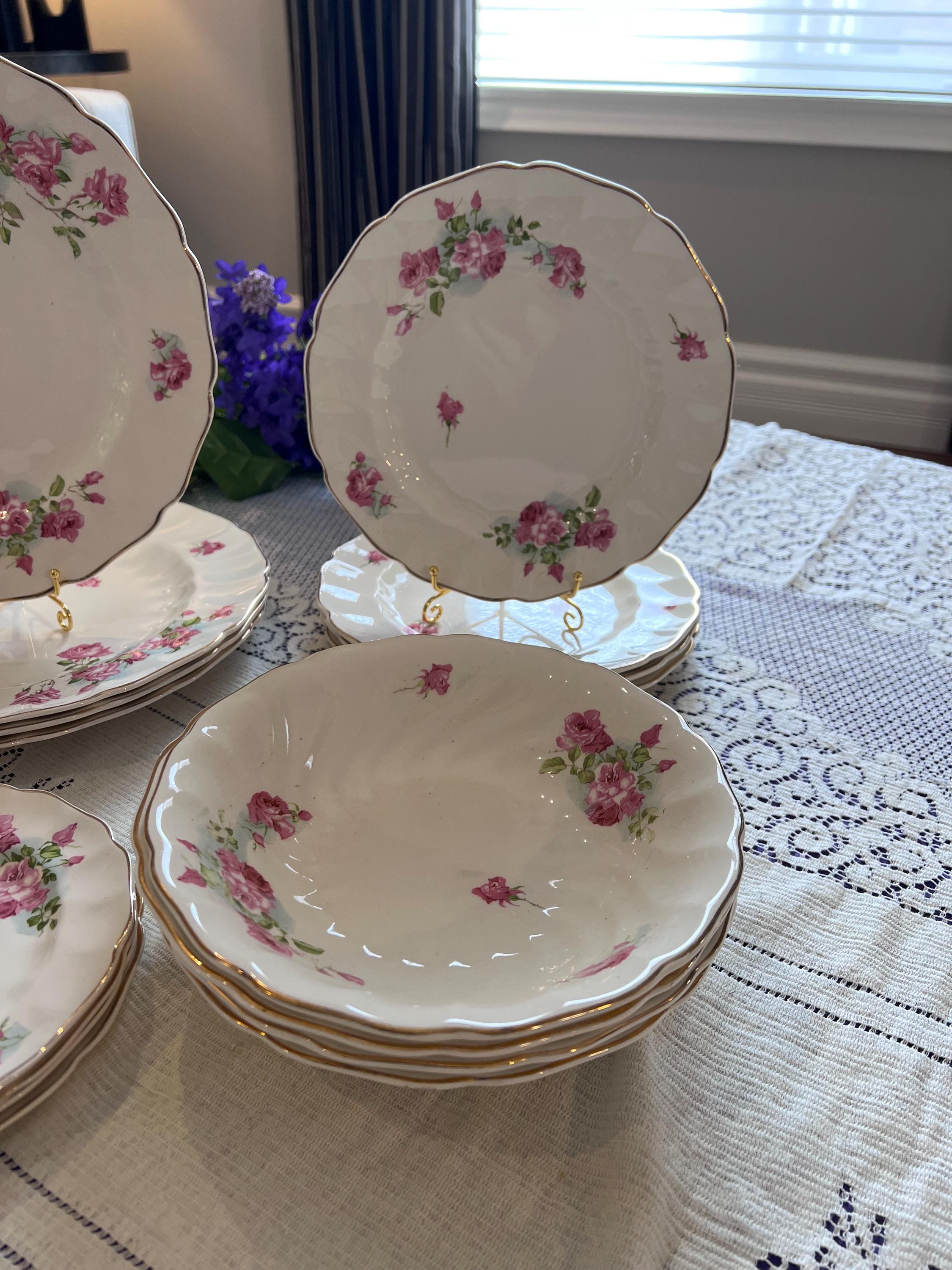 Antique Johnson Brothers Old Chelsea Pink Rose for Four – Scalloped Swirl Plates and Bowls