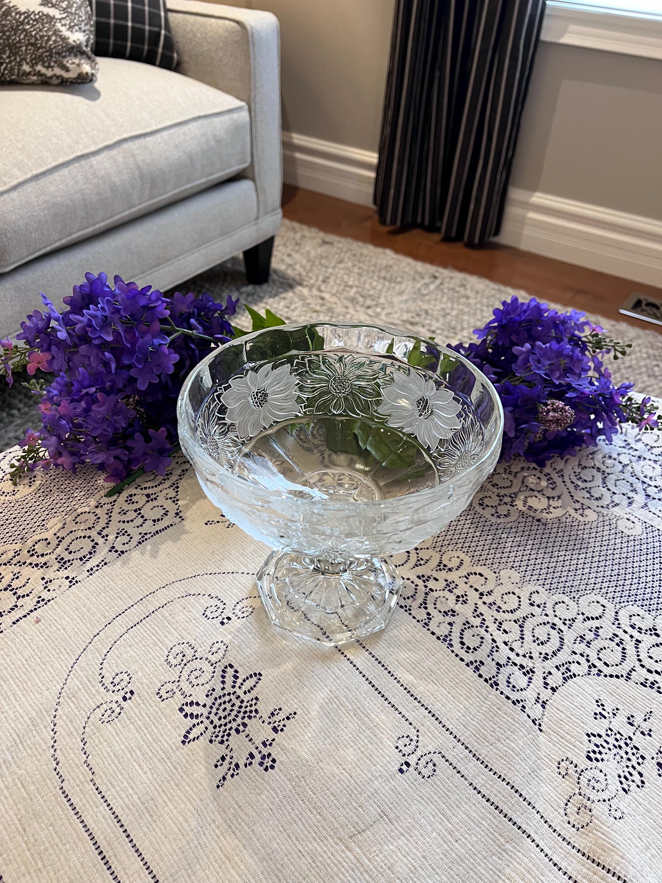 Vintage Walther Glas Erika Frosted Floral Footed Bowl | German Art Glass Pedestal Centerpiece