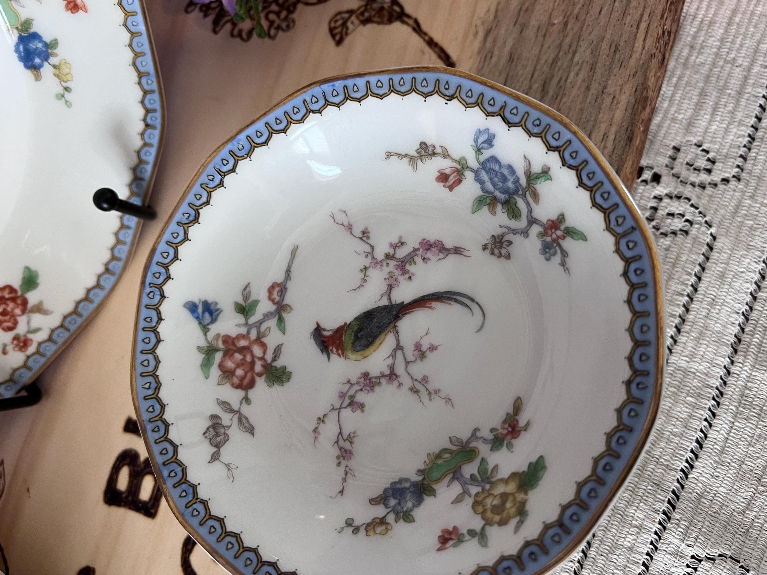 Theodore Haviland Limoges Paradise Replacement China, Bird of Paradise Salad & Dinner Plate, Blue Gold Scalloped Saucer, Fruit Nappy Bowl