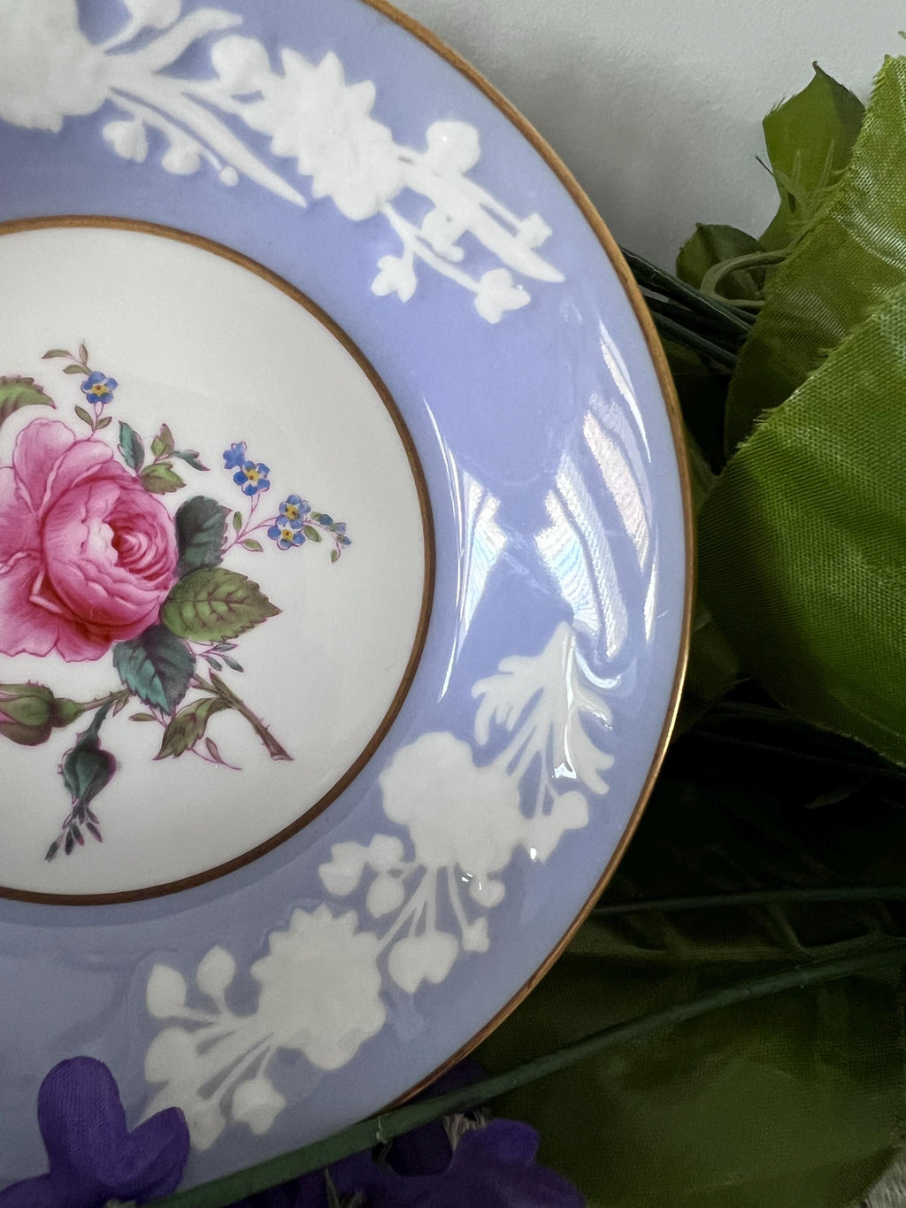 Pristine Spode Copeland "Maritime Rose" Dessert Service | Rare Periwinkle & Jewel-Embossed Fine Bone China