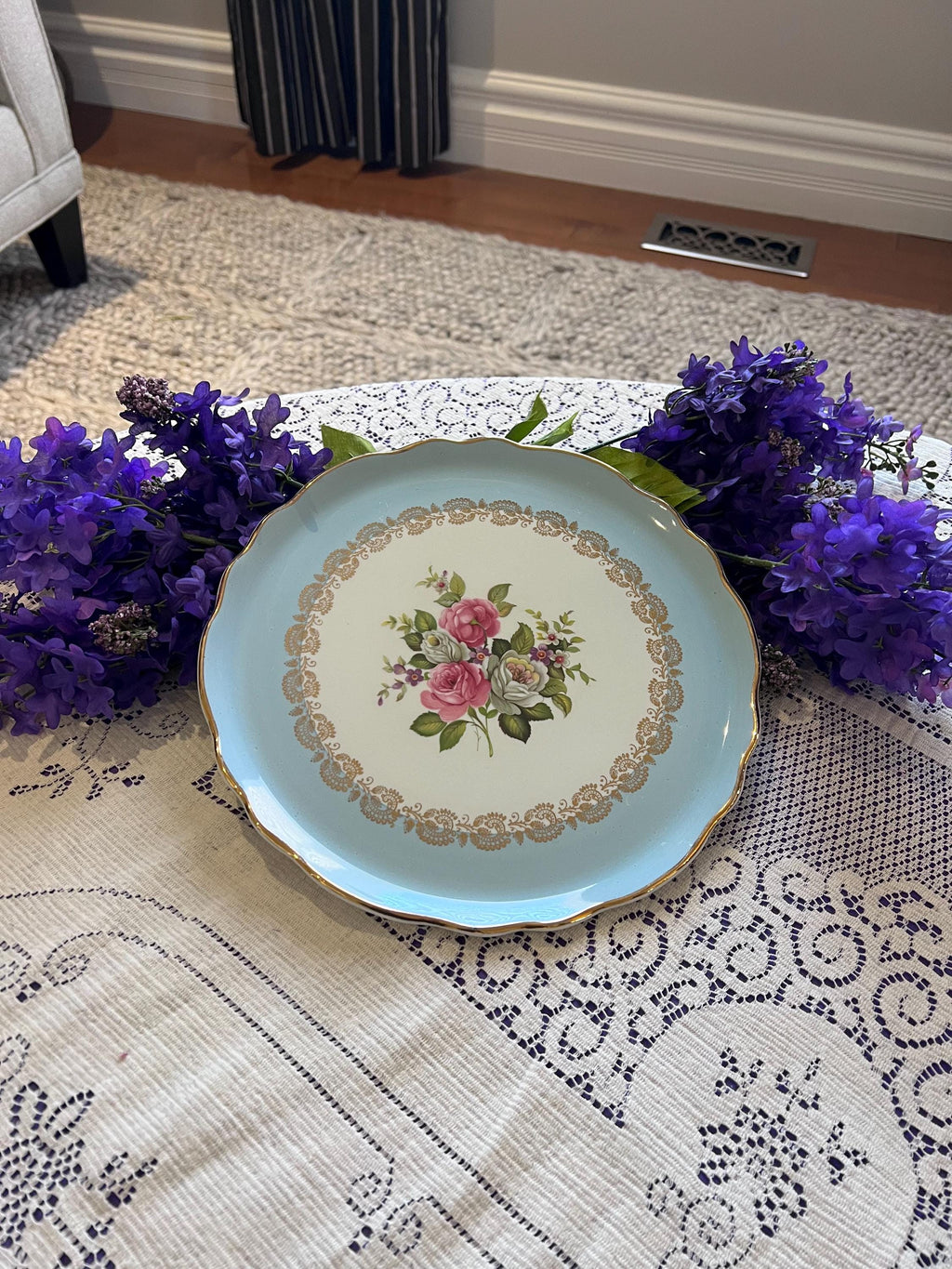 Vintage Old Foley Harmony Rose Cake Plate – Blue Border, Gold Filigree, Scalloped Serving Platter
