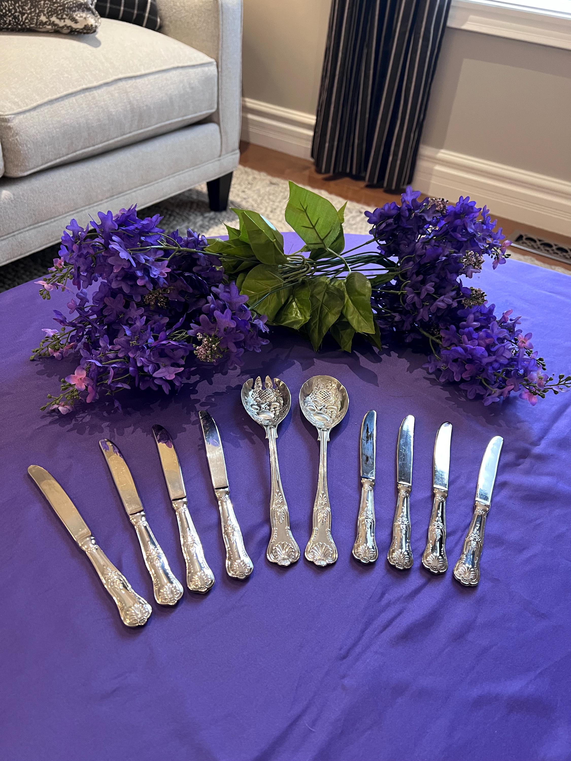 Italian 800 Silver Salad Serving Set & Matching silver plate Knives | Vintage Repoussé Pineapple Fruit Motif