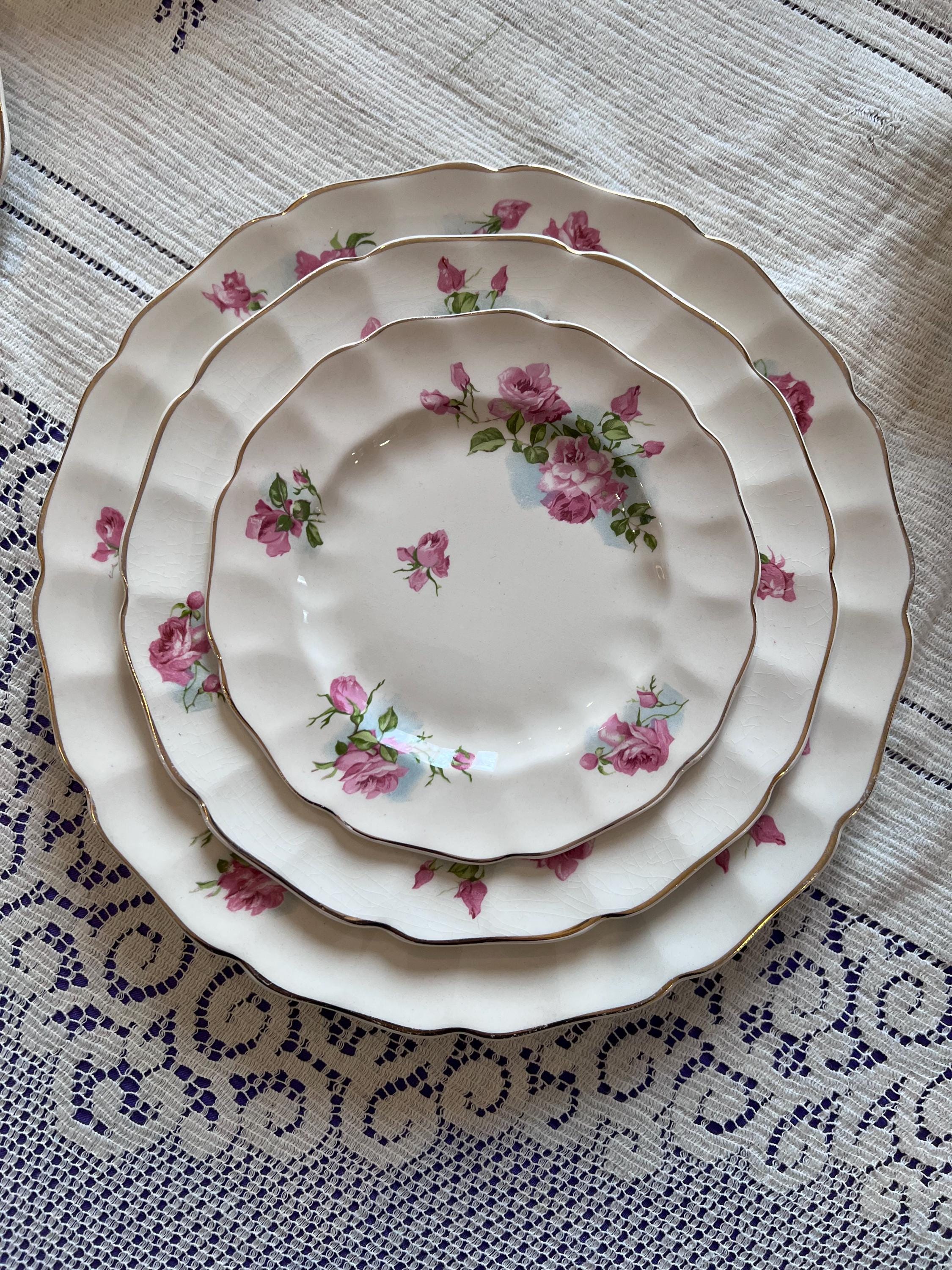 Antique Johnson Brothers Old Chelsea Pink Rose for Four – Scalloped Swirl Plates and Bowls