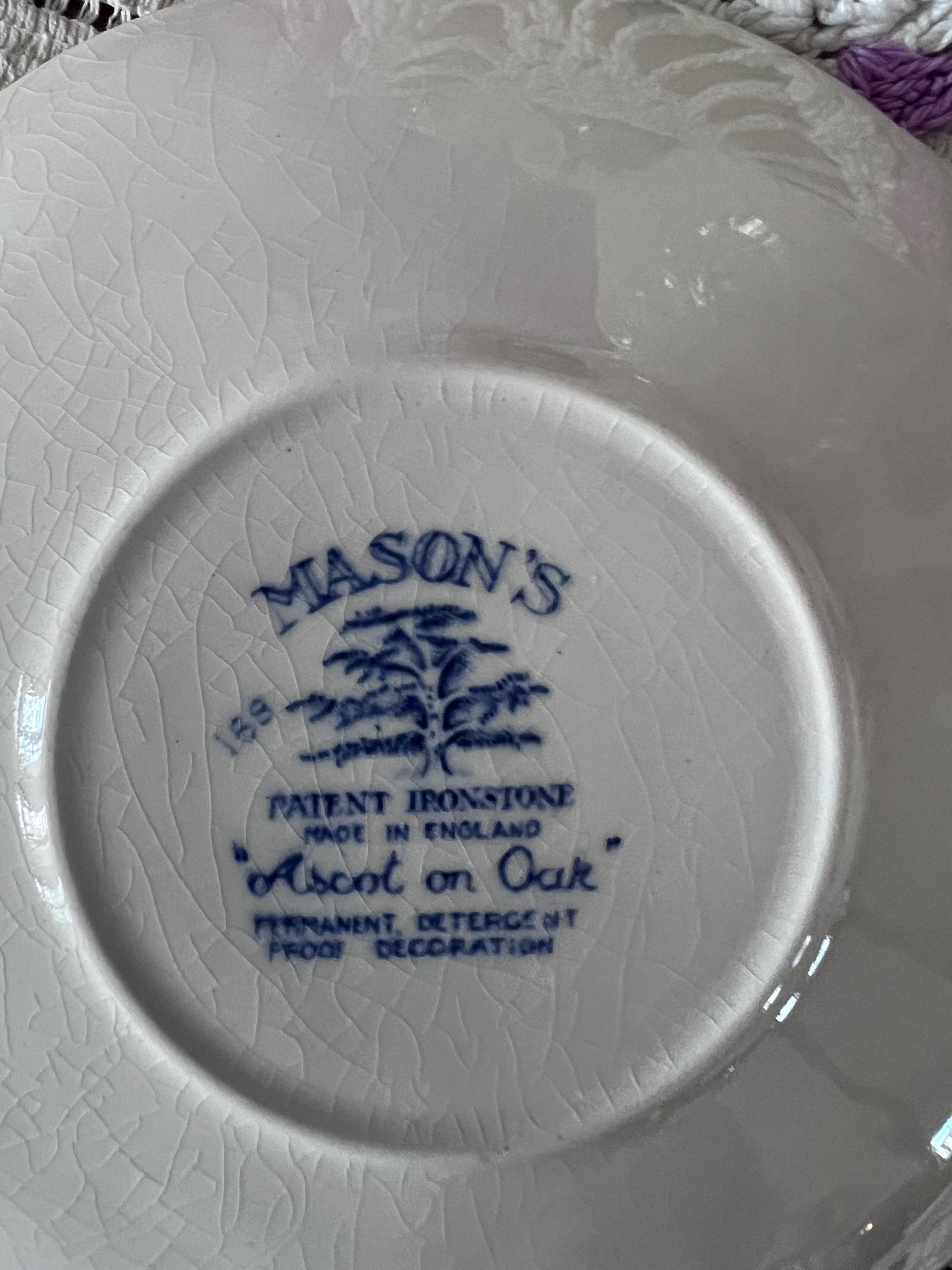 Vintage Mason’s "Ascot on Oak" Blue Transferware Tea Set - Teapot, Creamer, Sugar Bowl, and 6 Cup/Saucer Sets - Made in England