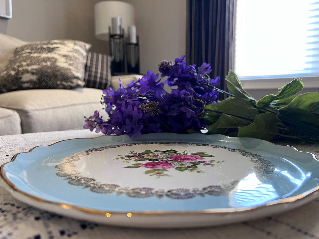 Vintage Old Foley Harmony Rose Cake Plate – Blue Border, Gold Filigree, Scalloped Serving Platter