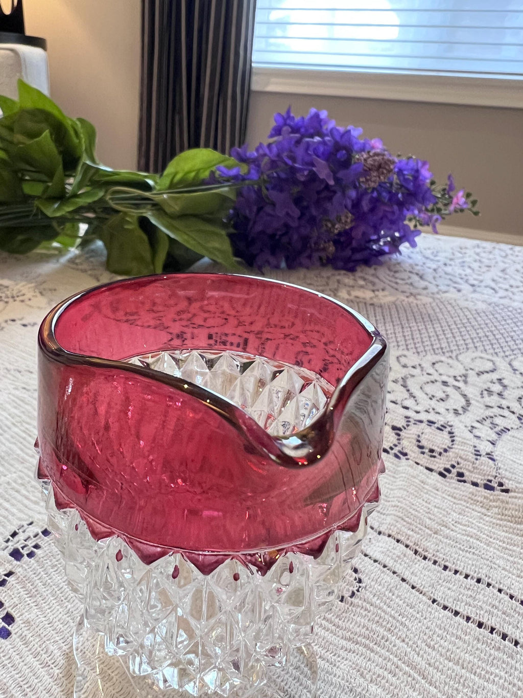 Vintage Indiana Glass Ruby Diamond Point Sugar Bowl Creamer Set | Mid-Century Tableware