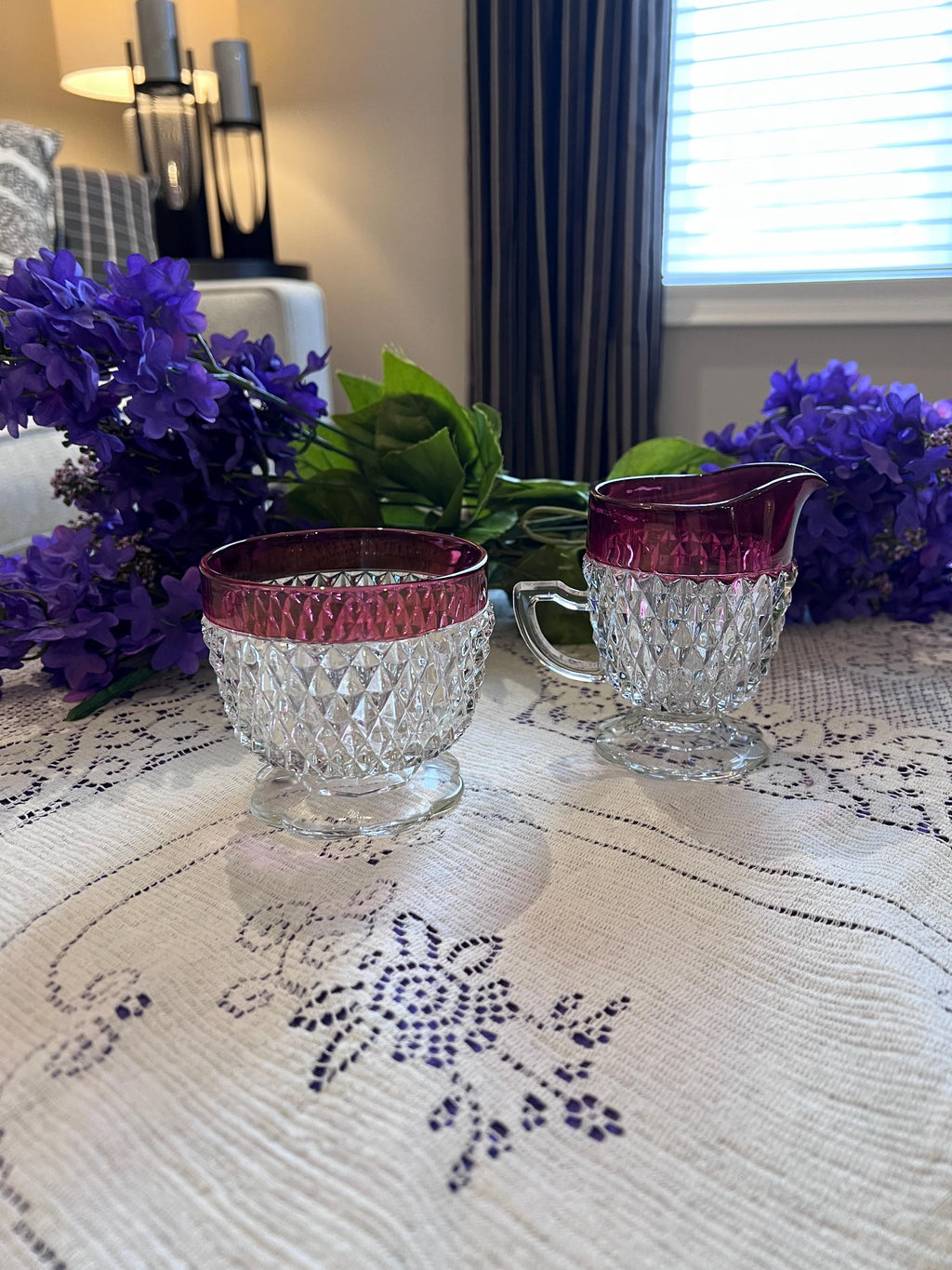 Vintage Indiana Glass Ruby Diamond Point Sugar Bowl Creamer Set | Mid-Century Tableware