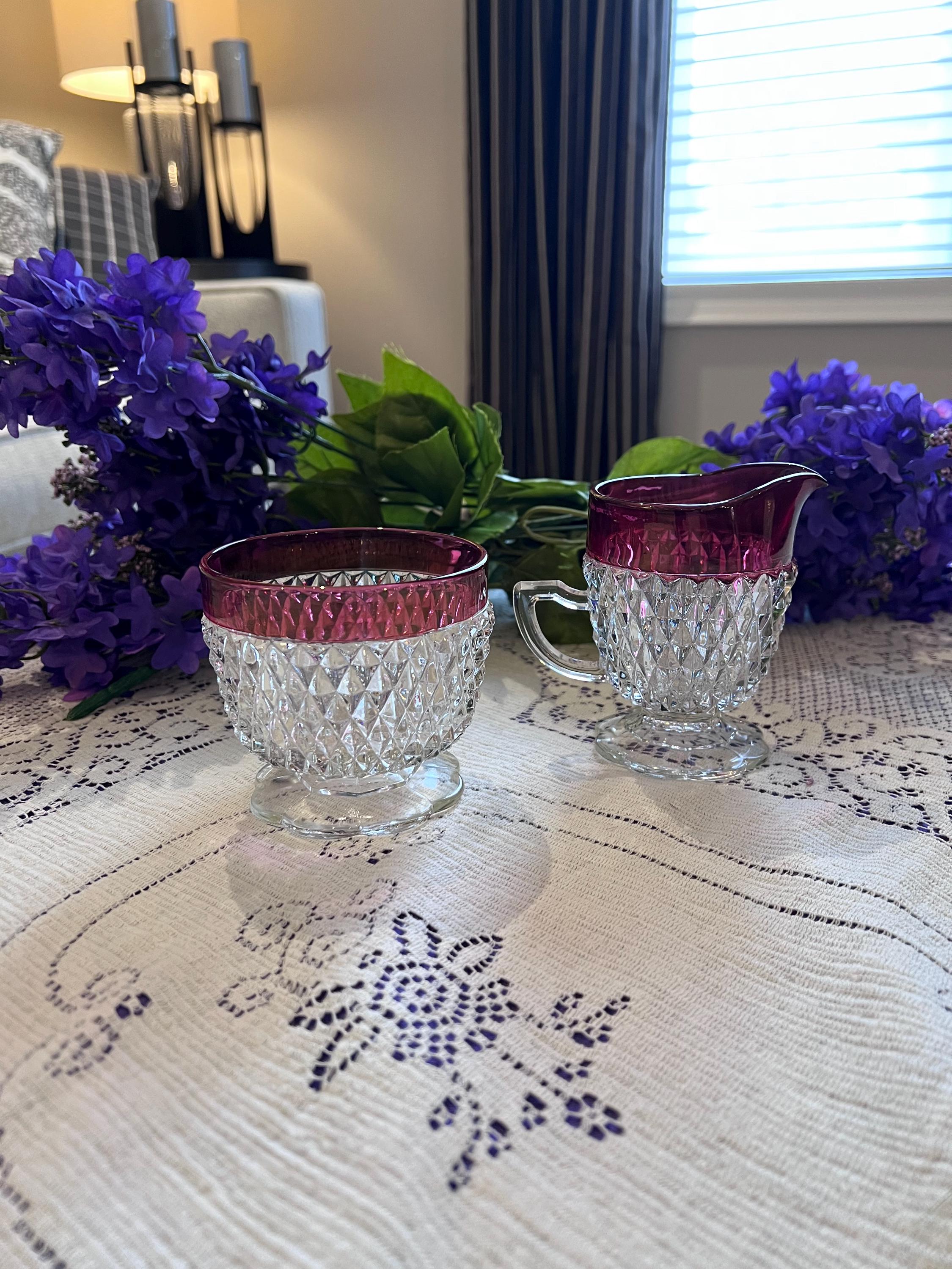 Vintage Indiana Glass Ruby Diamond Point Sugar Bowl Creamer Set | Mid-Century Tableware
