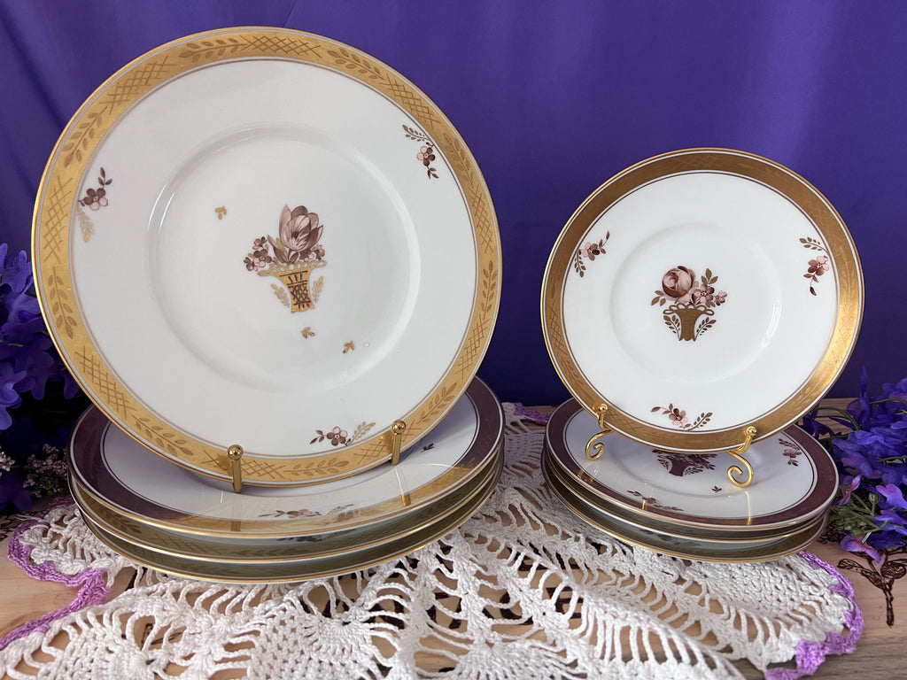 Vintage Royal Copenhagen Porcelain Plates | Set of 8 | Gilded Flower Basket