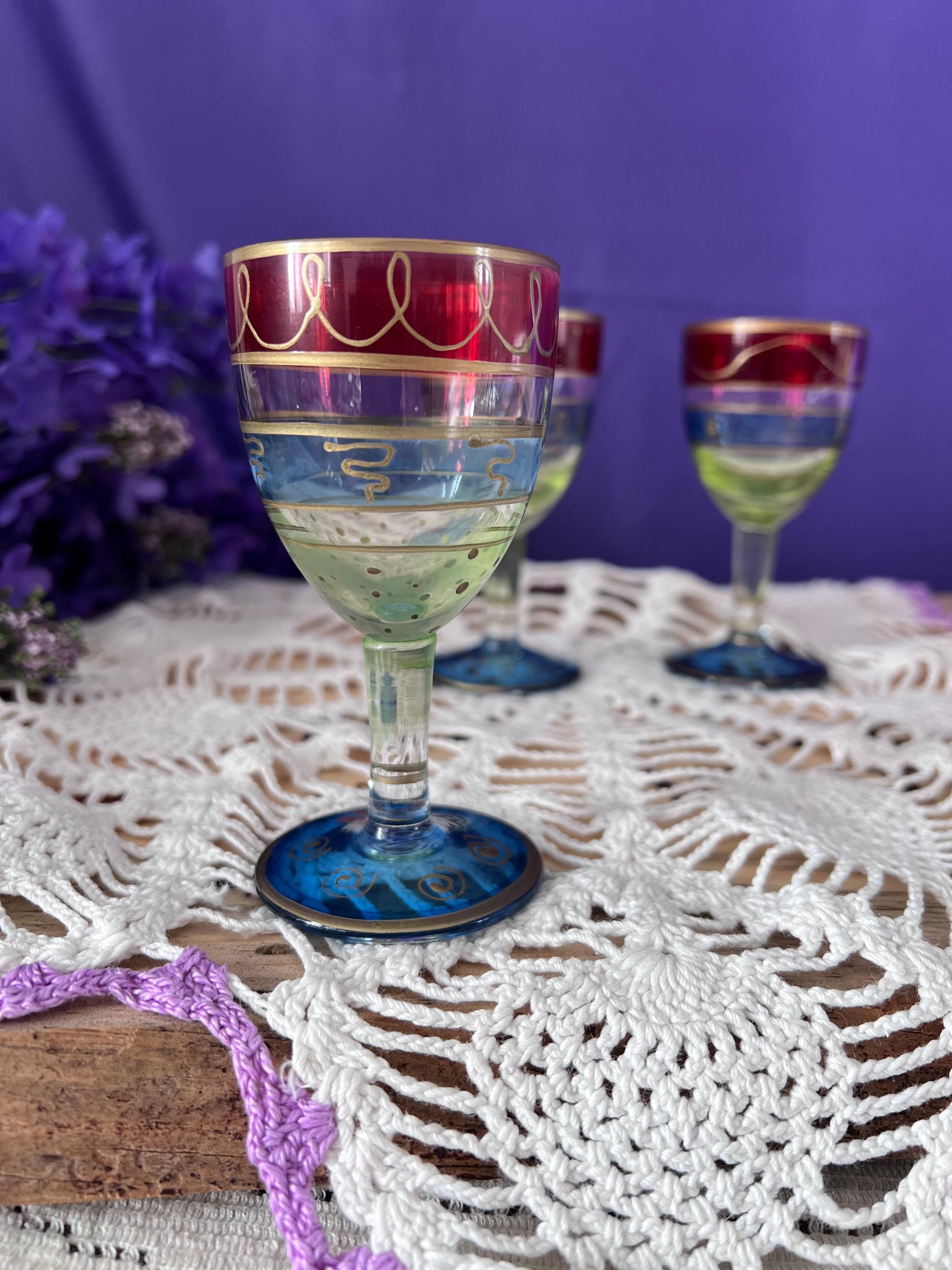 Vintage Hand-Painted Cordial Glasses - Set of 3 - Bold Primary Bands & Gold Scrollwork