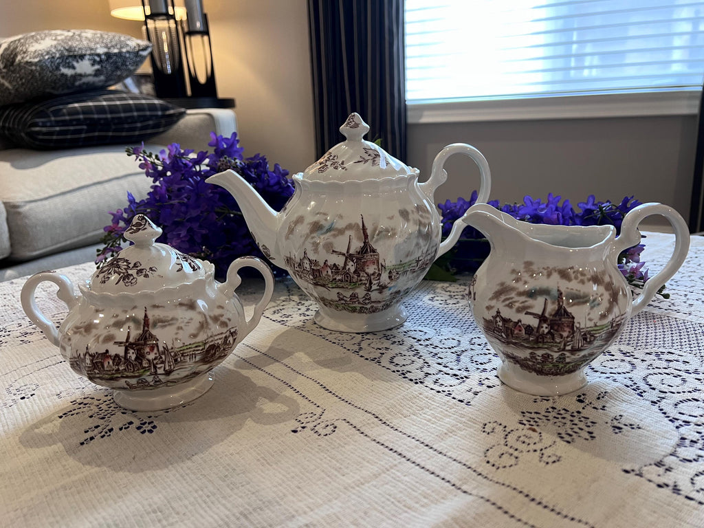 Rare Johnson Brothers Tulip Time Teapot Set | Brown Transferware, Made in England